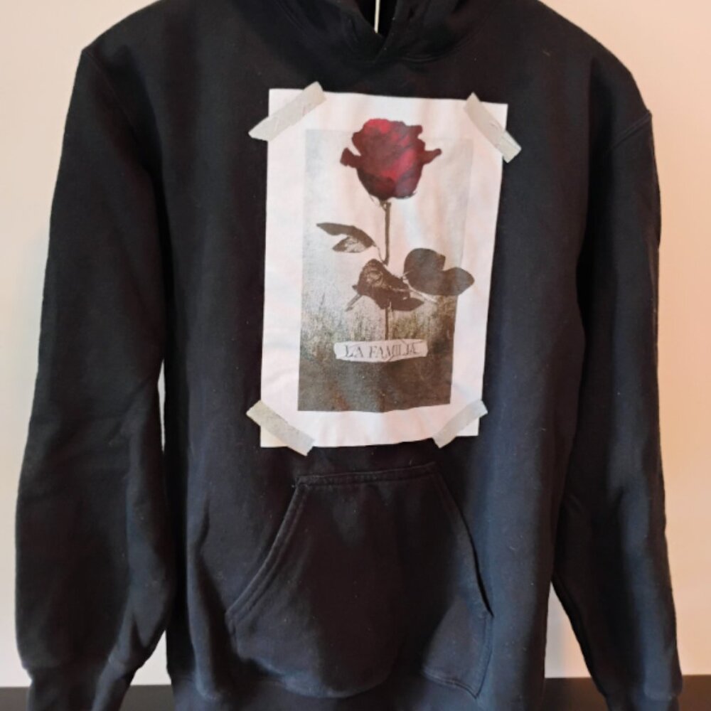 La Familia Forever Black Hoodie with Rose Graphic  Small